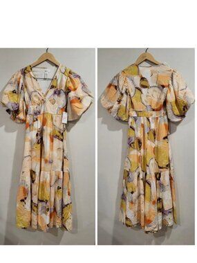 Japna Watercolor Printed V-Neck Puff Sleeve Midi Dress Size Small